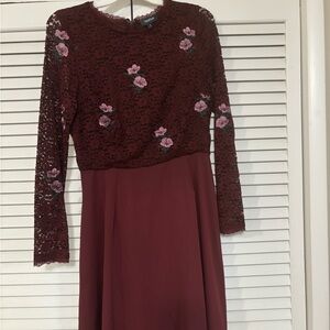 Modcloth Burgundy Floral Lace Long Sleeve Dress